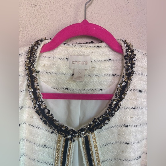 Chico’s Versailles Cream Boucle Tweed Baroque Metallic Open Front Jacket 2 L - Picture 3 of 9